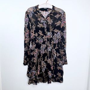 Free People Dress Large Black Floral Smocked Tiered Long Sleeve